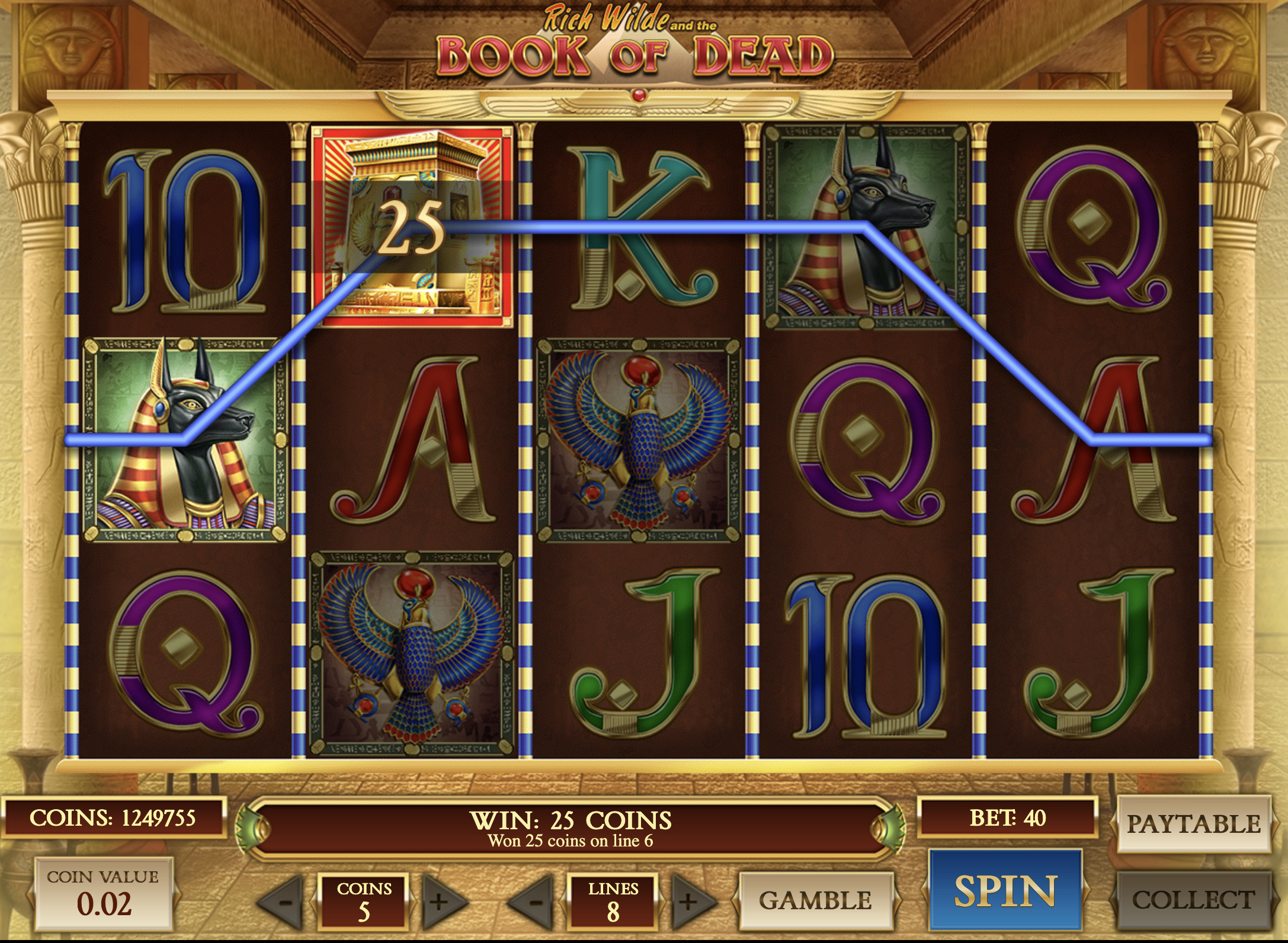 Book of the Dead Gewinn-Screenshot mit Book Wild/Scatter-Symbolen bei BlitzBet Schweiz